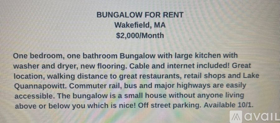 A bungalow for rent in Wakefield, MA is listed for $2,000 per month.