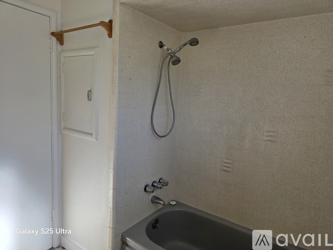 A bathroom with a shower head and a bathtub.