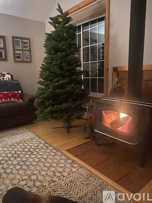 A Christmas tree stands next to a lit fireplace in a cozy room.