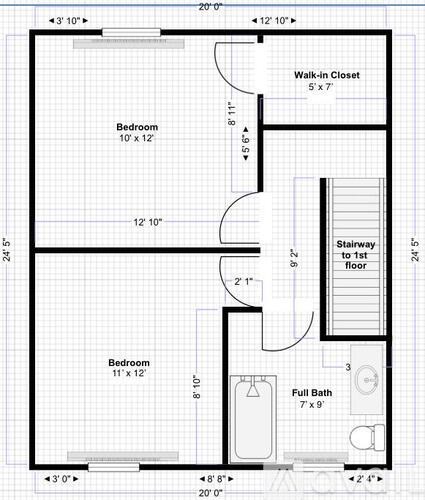 A floor plan of a small apartment with two bedrooms, a walk-in closet, and a full bath.