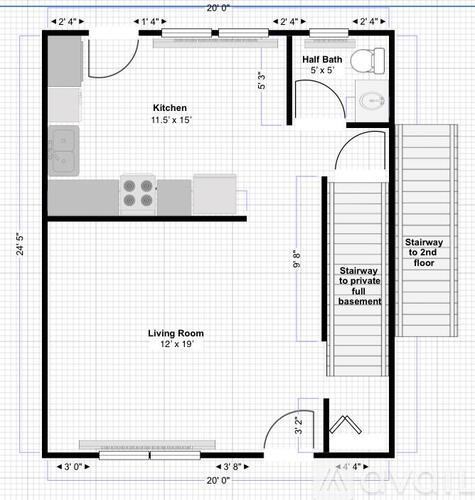 A floor plan of a house with a living room, kitchen, and stairway to a basement.