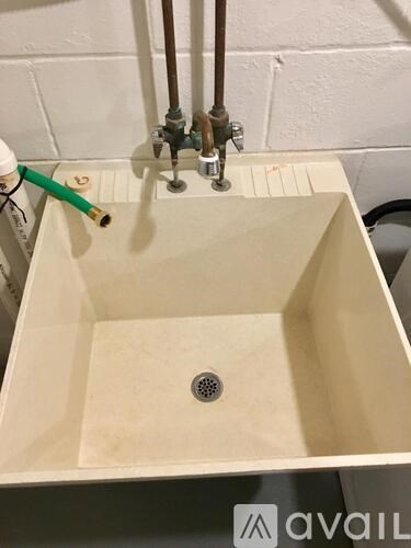 A bathroom sink with a green hose attached to it.