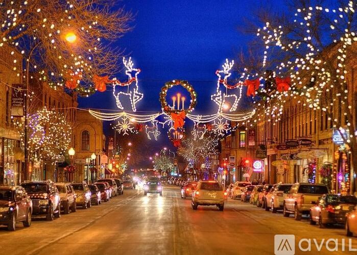 A street lined with Christmas lights and decorations.