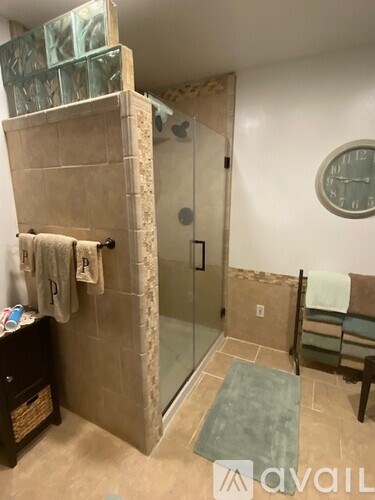 A bathroom with a glass shower door and a glass block wall.