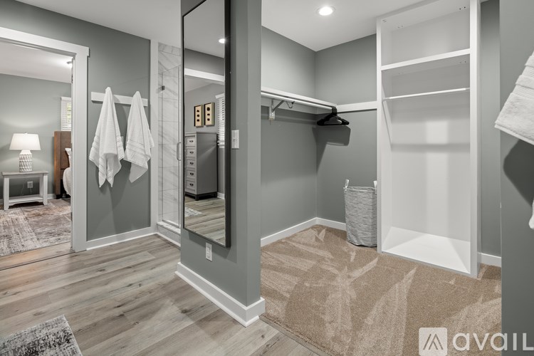 A spacious bedroom with a walk-in closet and a mirrored door.