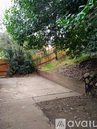 A backyard with a concrete patio and a wooden retaining wall.