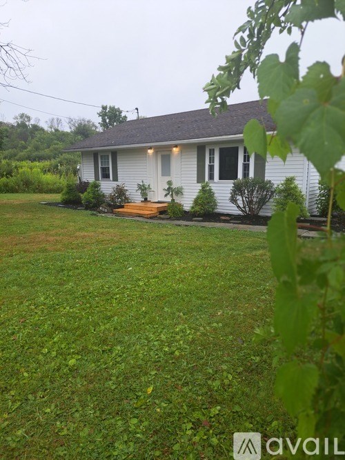 A house with a green lawn and a tree branch in the foreground.