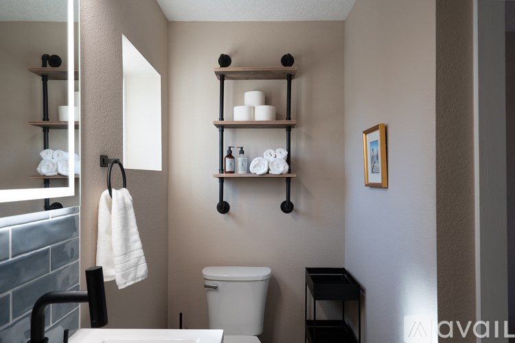 A bathroom with a toilet, sink, and shelves.