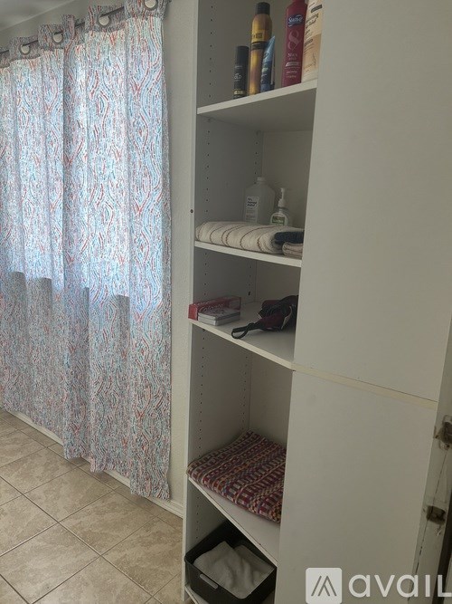 A bathroom with a shower curtain and a shelf with various toiletries.