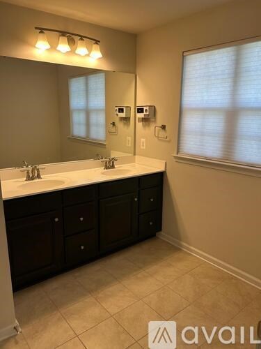 A bathroom with a double sink vanity and a large mirror.