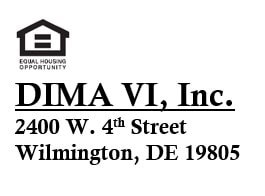 A logo for Equal Housing Opportunity is above the name DIMA VI, Inc. and the address 2400 W. 4th Street Wilmington, DE 19805.