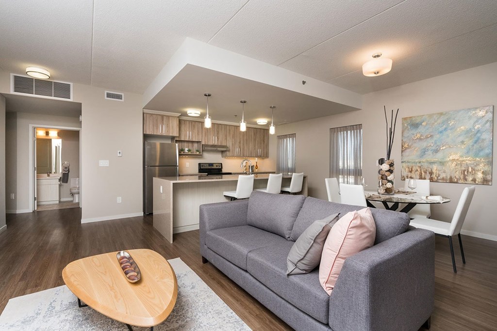 A modern living room with a grey couch and a wooden coffee table.
