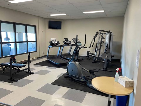 A gym with treadmills, elliptical machines, and other exercise equipment.