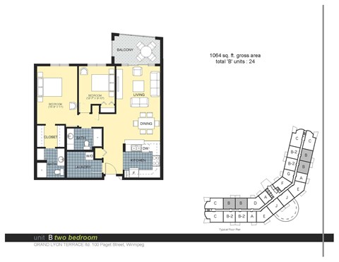 A floor plan of an apartment with a living room, two bedrooms, a bathroom, and a balcony.
