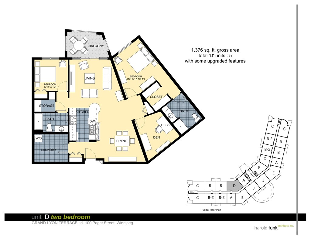 A floor plan of a two bedroom apartment with a balcony and a detailed diagram of the unit.