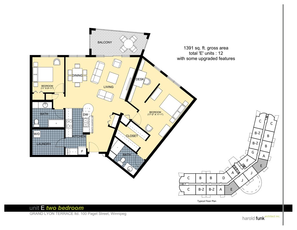 A floor plan of a two bedroom unit with a balcony and laundry area.