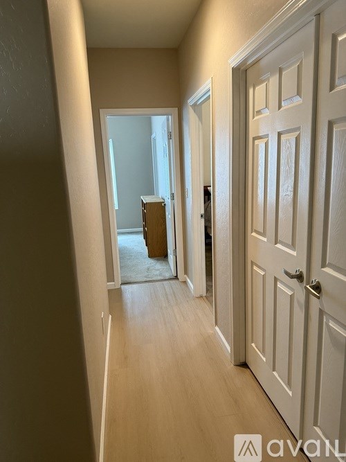 A hallway with a white door and a brown rug.