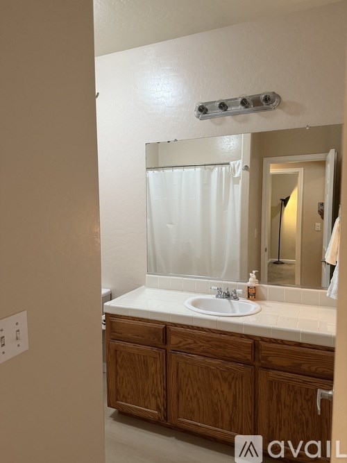 A bathroom with a sink, mirror, and wooden cabinets.