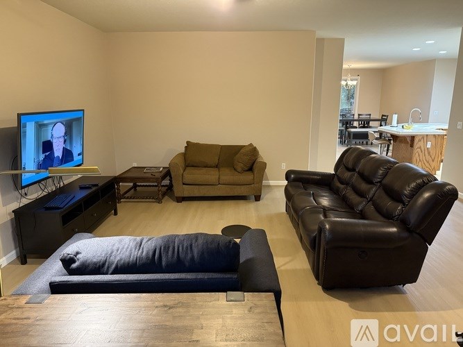 A living room with a television and two couches.