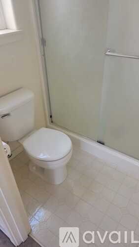 A white toilet in a small bathroom with a glass shower door.