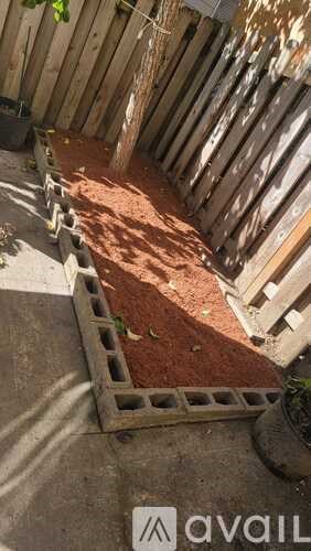 A backyard with a wooden fence and a concrete slab.