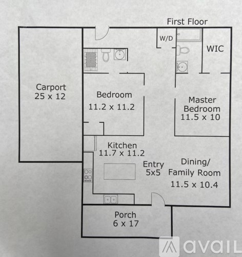A floor plan of a house with a carport, two bedrooms, a kitchen, a dining/family room, and a porch.