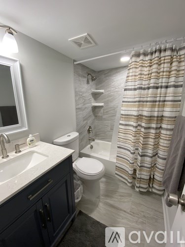 A bathroom with a toilet, sink, and shower.