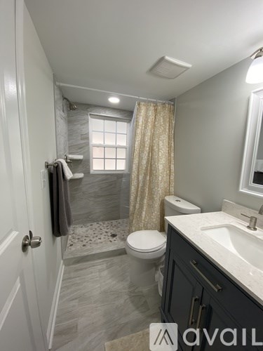 A bathroom with a toilet, sink, and shower.