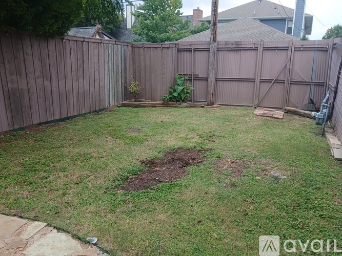 A backyard with a brown fence and a small tree.
