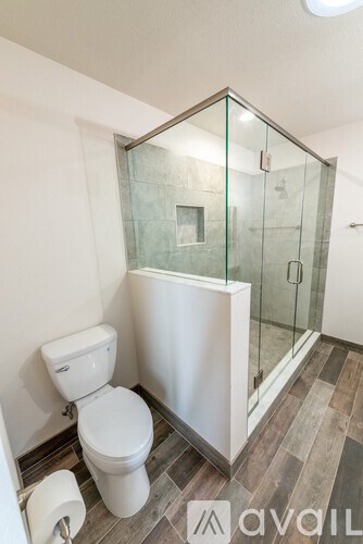 A white toilet sits next to a walk-in shower with a glass door.