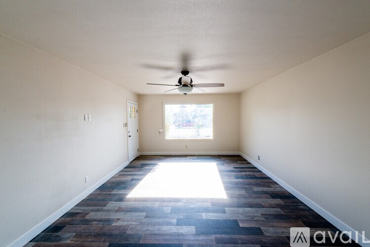 A room with a ceiling fan and a window letting in sunlight.
