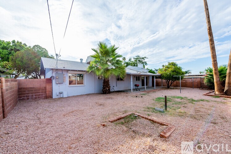A house with a gravel yard and a palm tree.