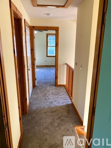 A long hallway with a carpeted floor and wooden doors.