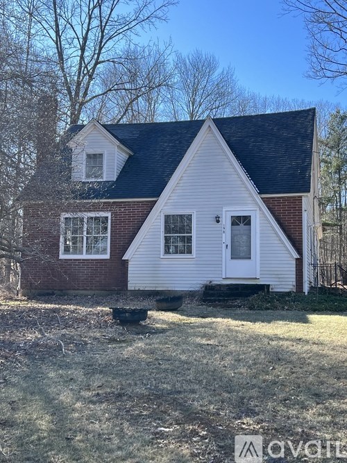 A small white house with a brick chimney is surrounded by bare trees.