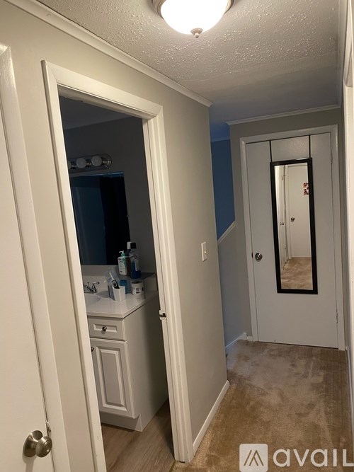 A bathroom with a white door and a white vanity with a mirror.