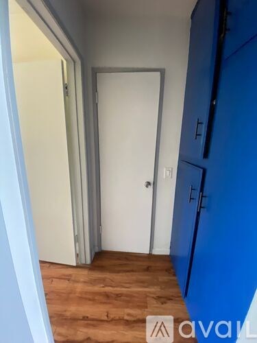 A hallway with a white door and blue walls.