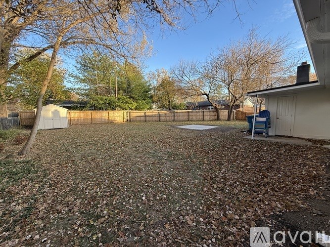 A backyard with a gravel ground and a tree.