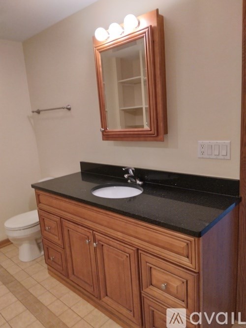 A bathroom with a black countertop and wooden cabinets.