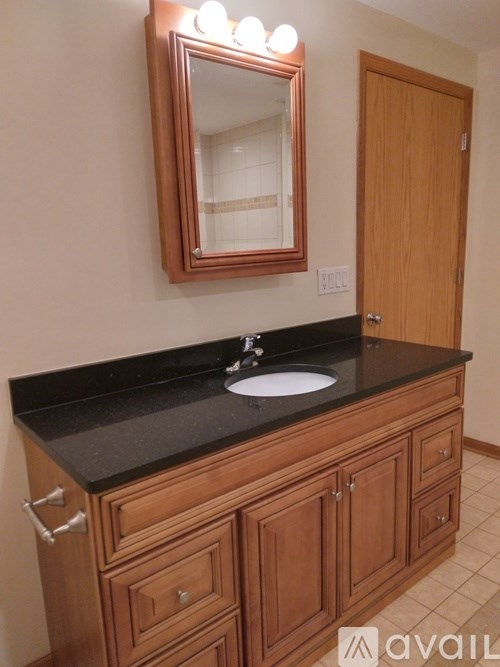 A bathroom vanity with a sink, mirror, and wooden cabinet.