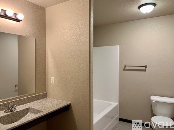 A bathroom with a sink, mirror, toilet, and bathtub.