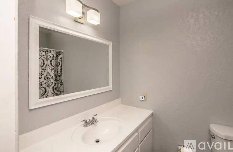 A bathroom with a white sink and a mirror above it.