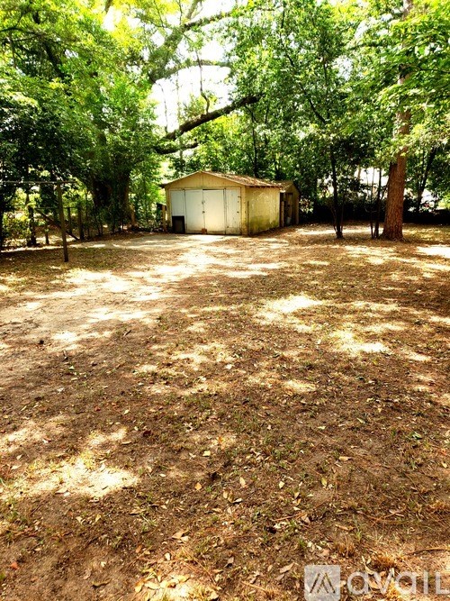 A shed sits in a yard with trees and a fence.