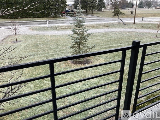 A view from a balcony looking out over a grassy area with a tree in the distance.