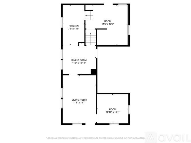 A floor plan for a home with a kitchen, dining room, living room, and two bedrooms.