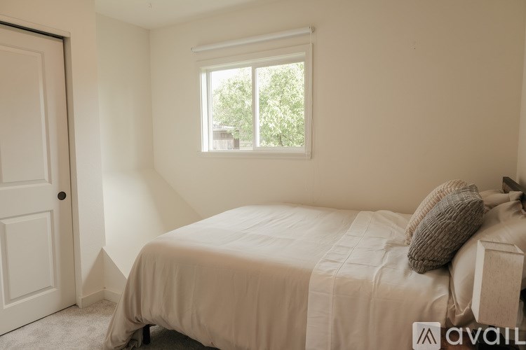 A bedroom with a bed, pillow, and a window.