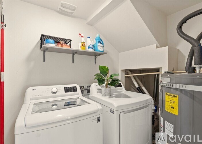 A small laundry room with a washer and dryer, a plant, and a shelf with cleaning supplies.