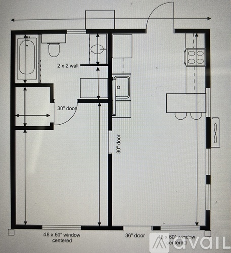 A floor plan of a house with a 48 x 60 window centered and a 30" door.