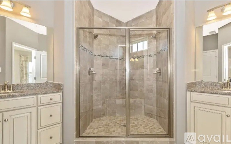 A bathroom with a walk-in shower and a vanity.