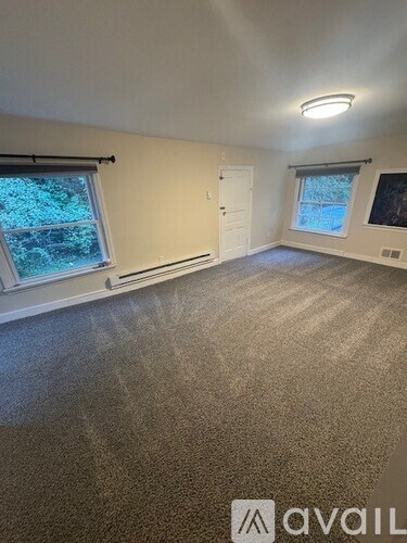 A carpeted room with a window and a door.