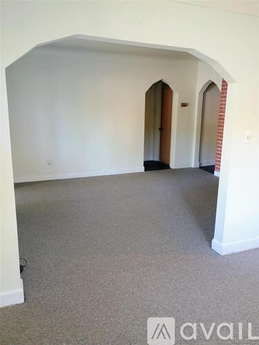 A carpeted room with arched doorways and a white wall.